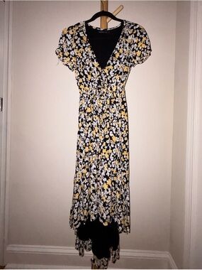 Abercrombie & Fitch Black Floral High-Low Dress with Yellow & White Print